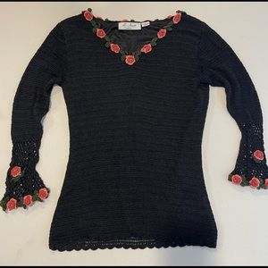 Black Crochet Blouse with Red Floral Accents